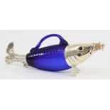 Silverplate & Cobalt Glass Fish Decanter