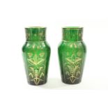 Pair Czech Green Glass Etched & Gilded Vases