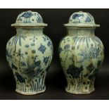 Pair Chinese Porcelain Blue & White Covered Jars