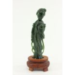 Carved Chinese Jade Guanyin & Wood Pedestal