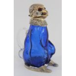 Silverplate & Cobalt Glass Seated Monkey Decanter