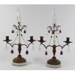 Pair Brass & Rock Crystal 2-Arm Candelabra