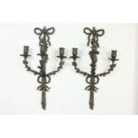 Pair Bronze Floral Design 3-Light Wall Sconces