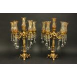 Pair 6-Light Bronze & Crystal Candelabra