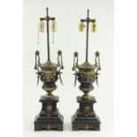 Pair Victorian Marble & Bronze Figural Urn Lamps