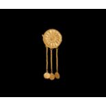 Greek Gold Flower Brooch with Pendants