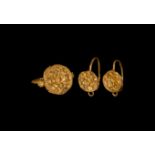 Greek Gold Ring and Earring Set with Rosettes