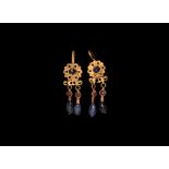 Gold Floral Earrings with Large Sapphire Drops