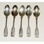 5 Georgian silver teaspoons with stag head motif. 2 by John Henry Lias London 1847 and 3 by