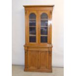 Victorian stained pine 2 part glassed top cupboard bookcase 110x90x40cm