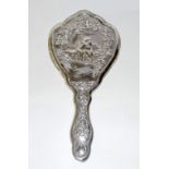 Silver Victorian hand mirror depicting cherubs with bevelled glass