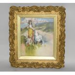 Gilt framed picture of a country scene 'girl with turkey'