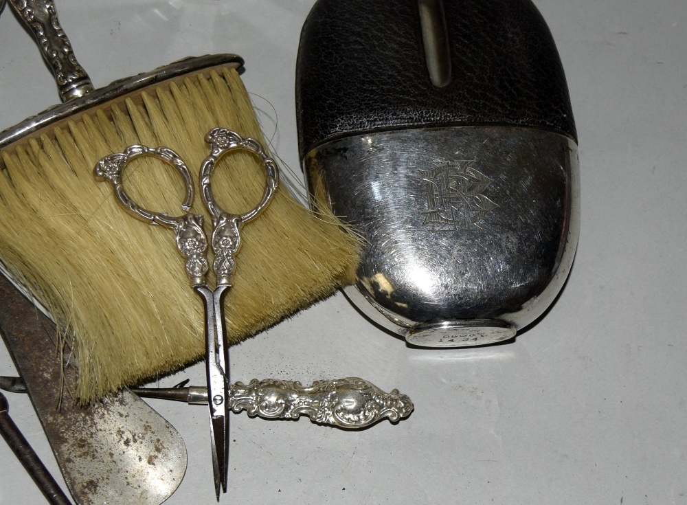 Silver top dressing table bottle ,button hooks ,hip flask ,brush etc - Image 4 of 4