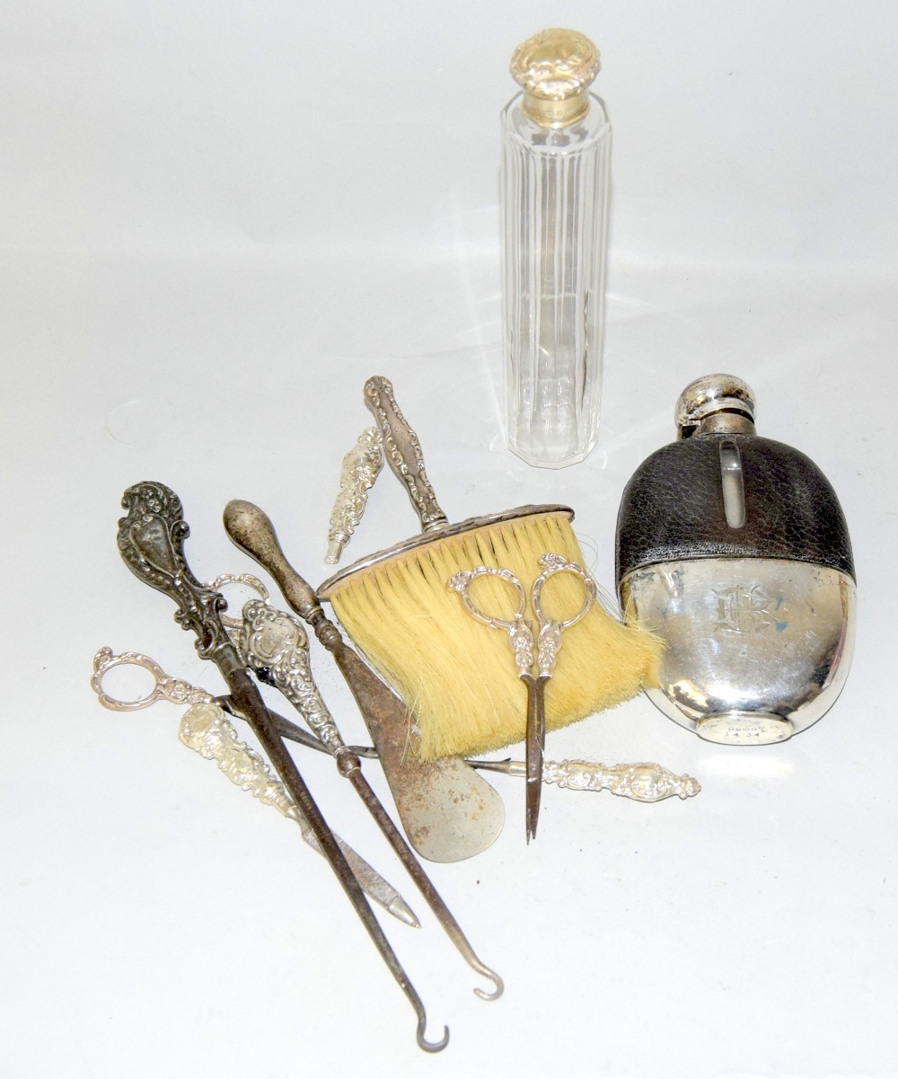 Silver top dressing table bottle ,button hooks ,hip flask ,brush etc