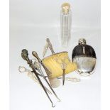 Silver top dressing table bottle ,button hooks ,hip flask ,brush etc