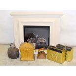 Electric Fire and surround, copper kettle and brass fire items