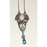 Pretty silver opal pendant necklace with blue topaz drop