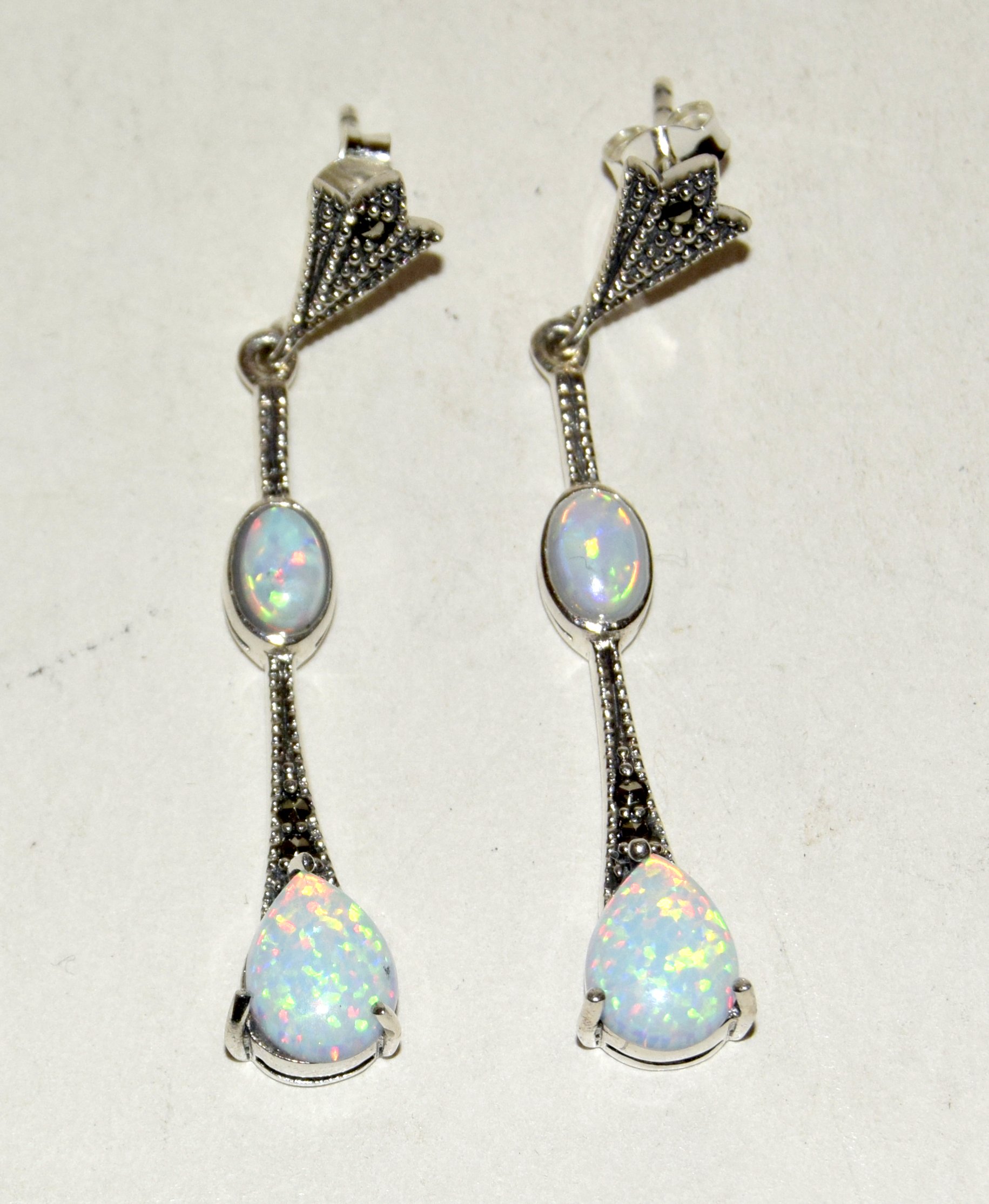 Pair of silver and opal drop earrings in the art deco style - Image 2 of 2