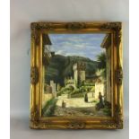 A gilt framed picture of a castle courtyard. 75 x 66cm