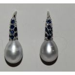 Pair of silver CZ and sapphire earrings with pearl drops