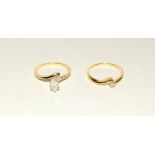 Two 14ct yellow gold diamond rings one with marquise diamond and one brilliant cut. Size M