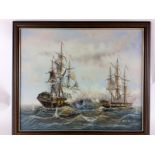 Modern art 'Sailing ships at war' oil on canvas signed J Hartey 60x70cm