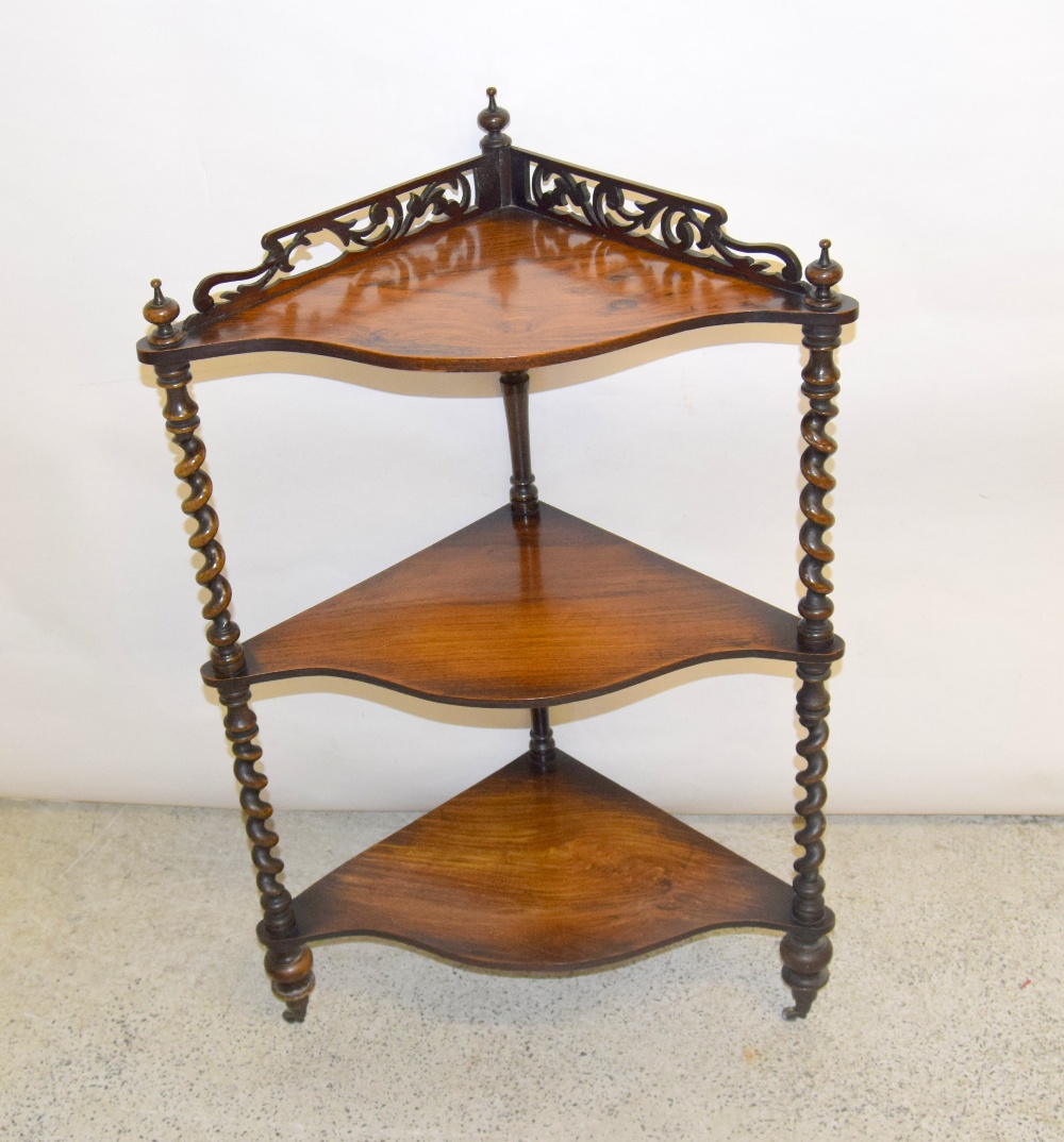 Rosewood 3 tier corner whatnot with turned supports 90x45cm - Image 2 of 2