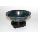 Chinese cloisonne bowl with flowers and foliage. Blue & green Ground with 7 1/2" stand