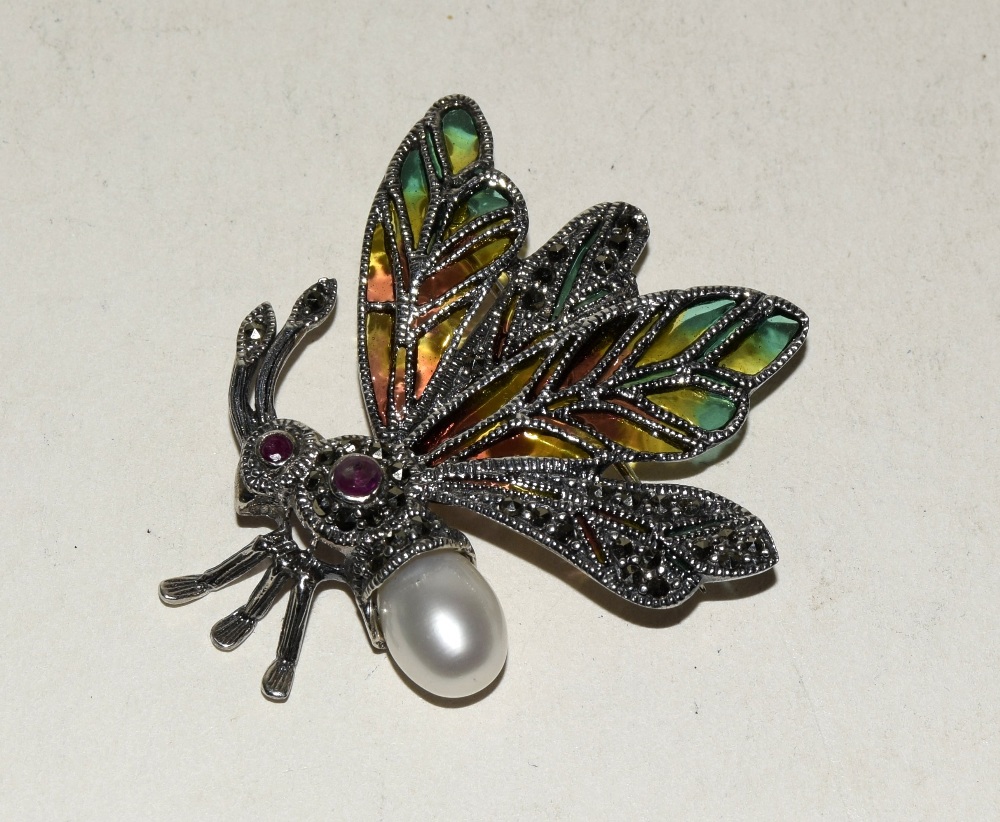 Silver plique a jour brooch with freshwater peadl body