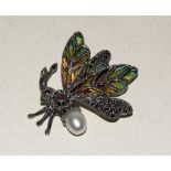 Silver plique a jour brooch with freshwater peadl body