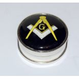 Silver pill box with enamel lid bearing Masonic emblem