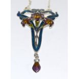 Pretty silver and enamel set Art Nouveau style pendant necklace