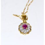18ct yellow gold ruby and diamond pendant necklace on gold chain