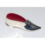 Silver Victorian style pin cushion in the form of a shoe