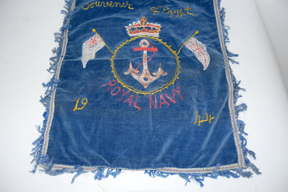 A WW2 Royal Navy medal group of four including the Atlantic Star with a souvenir embroidery of Egypt - Image 5 of 10