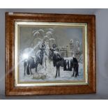 3d painting on glass depicting horses and dogs in a Winter scene in a burr Walnut frame