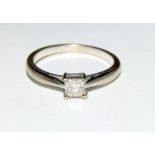 18ct white gold square cut diamond solitaire ring. Total 0.4CT. Size M