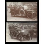 A pair of photographic postcards of charabancs outside Whitington & Sons building, one titled 'H.