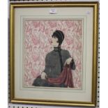 British School - Seated Woman wearing Haute Couture Dress, 20th century watercolour and gouache,