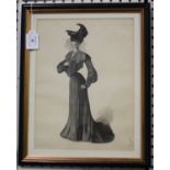 British School - Lady in Edwardian Dress, 20th century monochrome watercolour heightened with