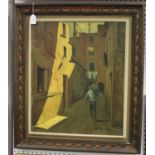 Tollezzi - Street Scene with Man carrying a Crate, 20th century oil on canvas, signed, 59cm x