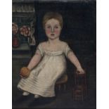 Continental School - Portrait of a Seated Child holding a Ball, 19th century oil on canvas laid on