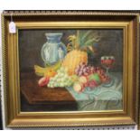 R.J. Evans - Still Life with Jasperware, Pineapple, Grapes, and other Fruit on a Table Top, oil on