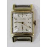 A Longines gold square cased gentleman's wristwatch, the signed jewelled movement numbered '