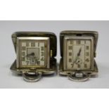 A George V silver cased square shaped folding travelling watch, the jewelled movement detailed '