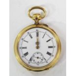 A gold cased keyless wind open-faced lady's fob watch, with an unsigned gilt jewelled cylinder