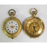 An 18ct gold cased and enamelled keyless wind open-faced lady's fob watch, with a gilt cylinder