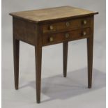 A 19th century French fruitwood side table, fitted with two drawers, raised on square tapering legs,