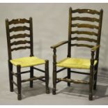 A harlequin set of twelve late 19th/early 20th century oak ladder back dining chairs, comprising two