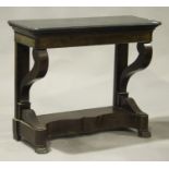 A 19th century French Empire figured mahogany console table, the grey marble top raised on shaped